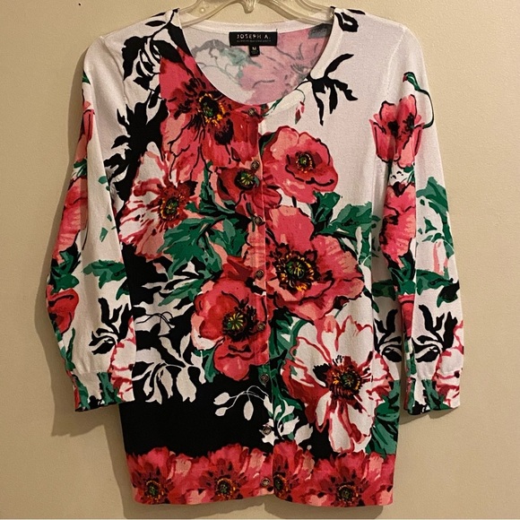 Joseph A. Woman Size M 3/4 Sleeve Button Up Floral Lightweight Cardigan Sweater - Picture 1 of 13